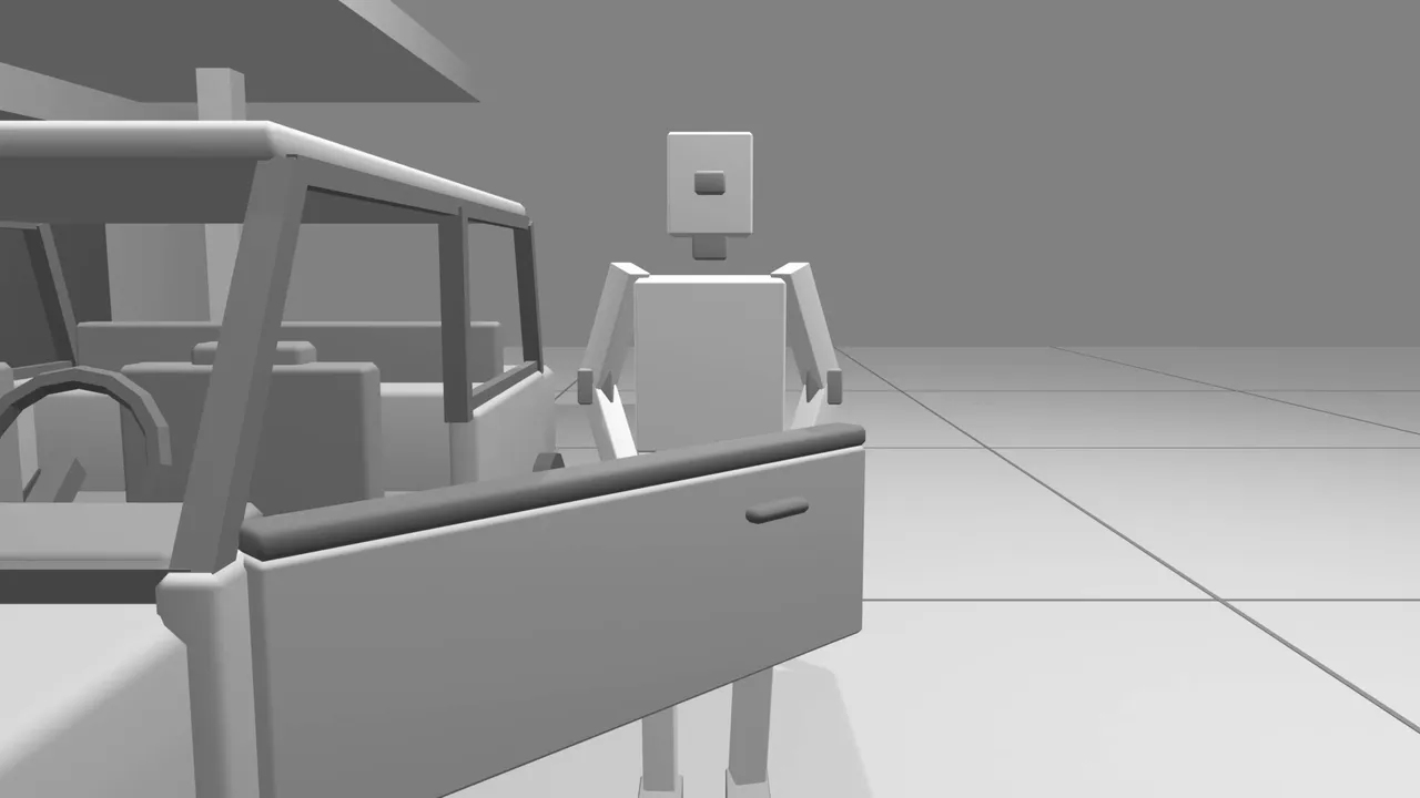 Grey 3D previs of a man getting into a car