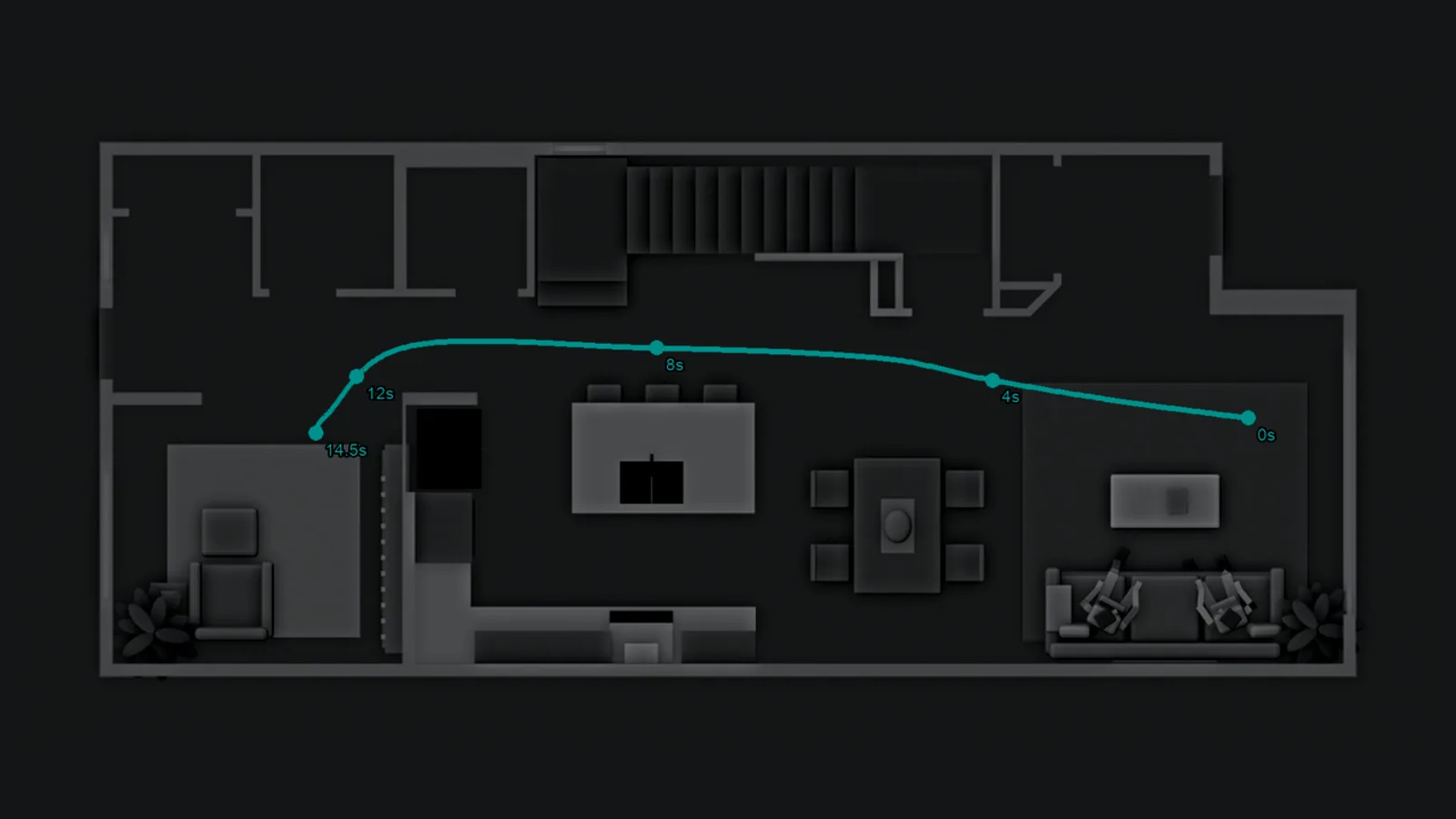 3D model of the same main floor, with the camera route marked from the living room to the flex room