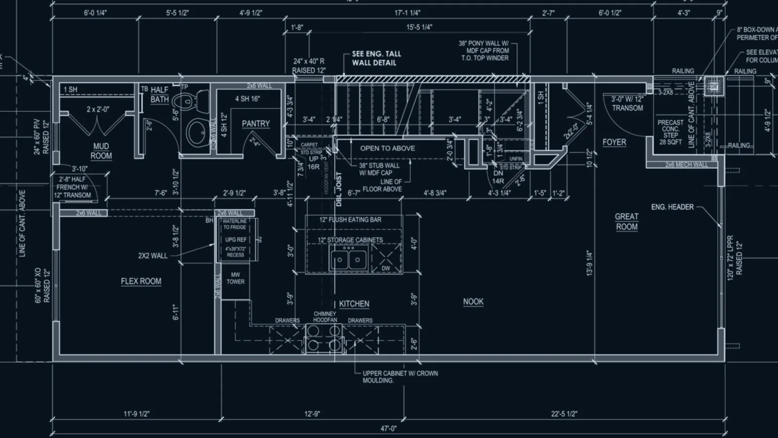 Construction drawing of a house main floor with dimensions